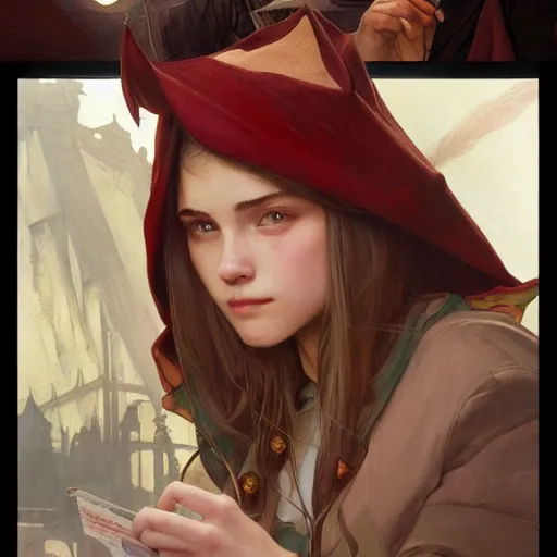 Image similar to a realistic wizard teenager wearing a wizard cap, sharp focus, illustration, art by artgerm and greg rutkowski and alphonse mucha