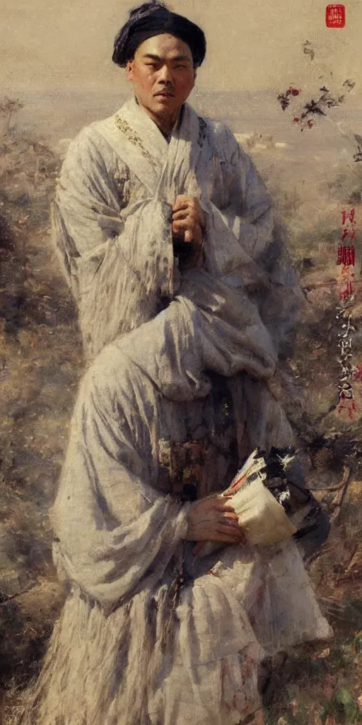 Image similar to di caprio by Solomon Joseph Solomon and Richard Schmid and Jeremy Lipking victorian genre painting full length portrait painting of 张国荣 in traditional costume