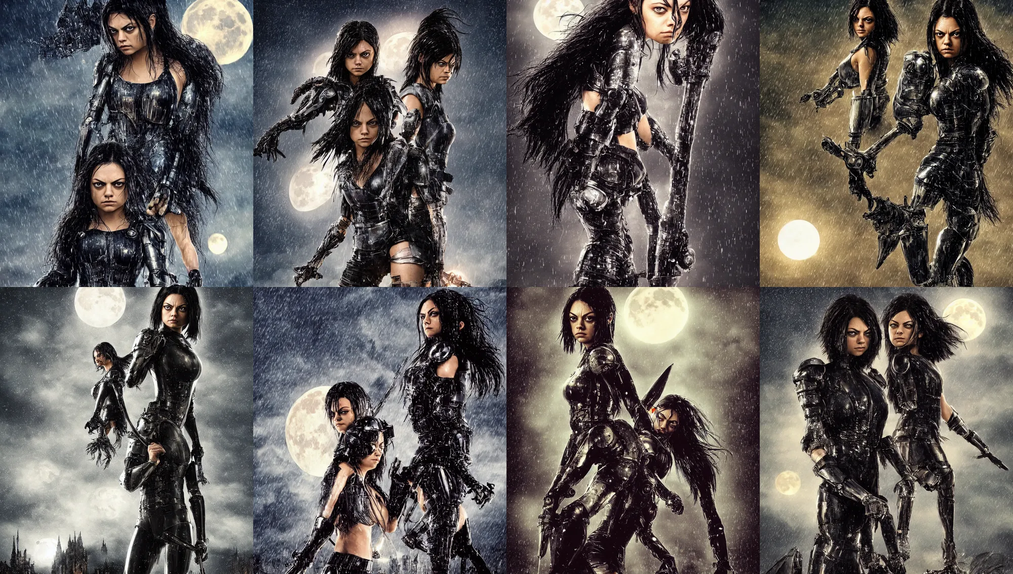 Prompt: angry mila kunis, wearing rain soaked armour in heavy rain, incredibly fine detailed portrait, battle angel alita, dynamic angle, elegant, full body profile, 2 0 0 mm focal length, highly detailed, dramatic full moon lighting, many fireflies, gothic castle prodominently in the background, movie cover