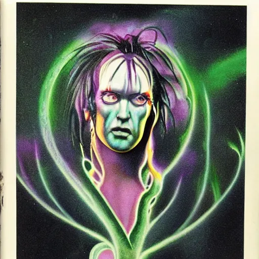 Prompt: robert smith as an alien, illustrated matte painting of a progressive rock album cover, 1 9 7 0 s