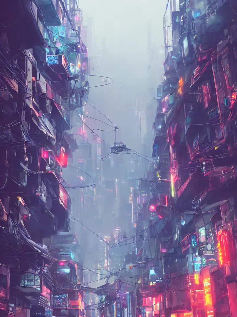 Prompt: futuristic cyberpunk street, hanging cables, narrow, garbage on the ground. rain. fog, haze, evening. led screens. golden hour. volumetric lighting. cables on the ground. very messy. futuristic. photorealistic. artstation. anime. studio gimbli style