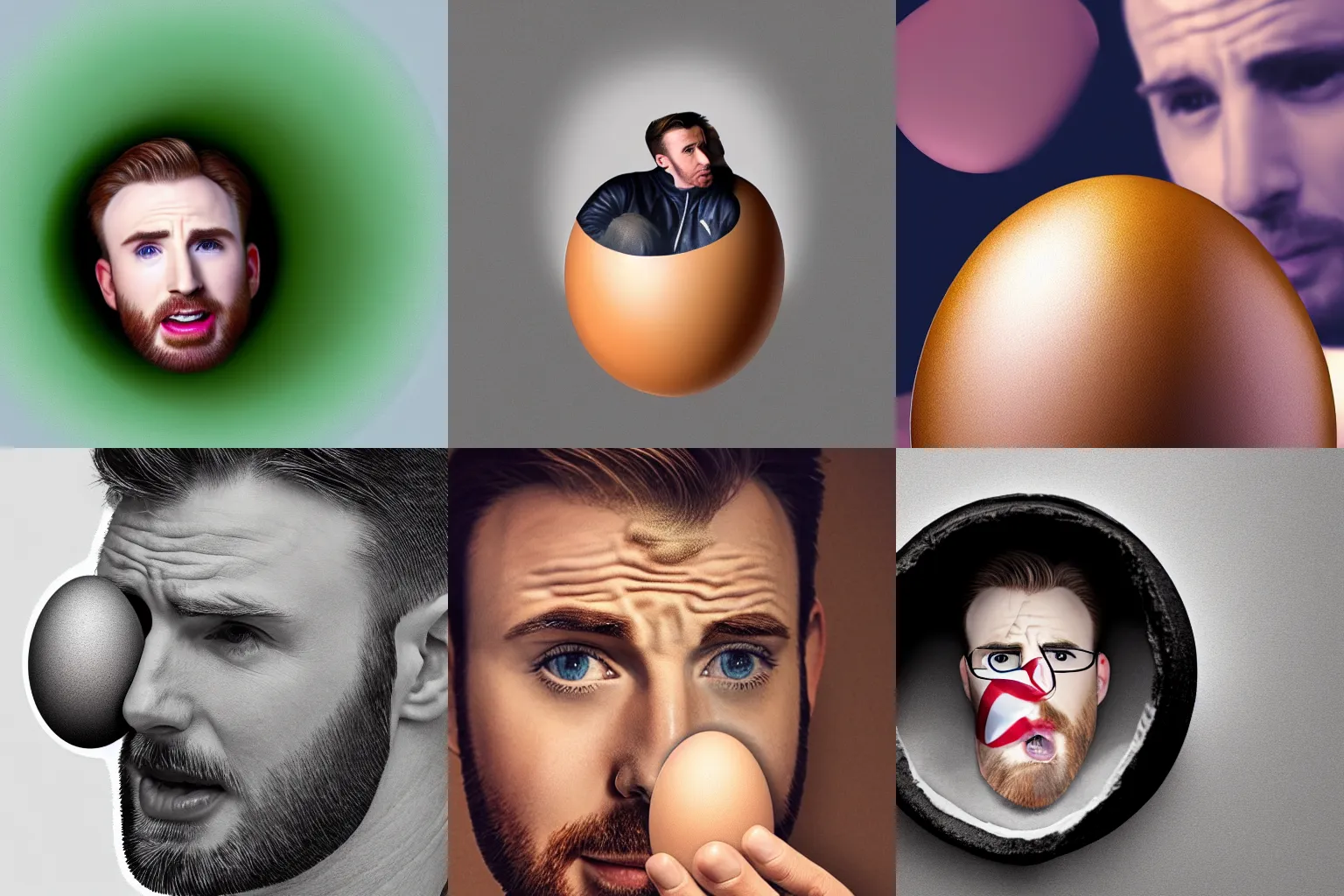 Prompt: chris evans peeks out of an egg, very detailed, very realistic, photoshop, close - up portrait, 8 k