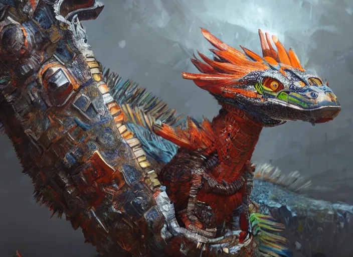 Image similar to detailed full body concept art illustration, oil painting on canvas of a quetzalcoatl, biomutant, dystopian, micro detail, octane render, 4K