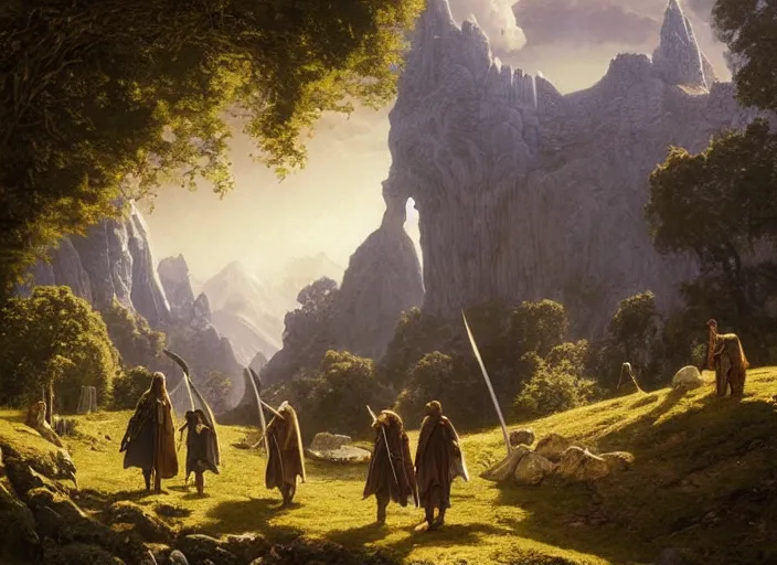 Prompt: medieval adventuers in the shire scenery landscape, lord of the rings, portal, highly detailed, perfect lighting, perfect composition, 4 k, maxfield parrish, artgerm, derek zabrocki, greg rutkowski