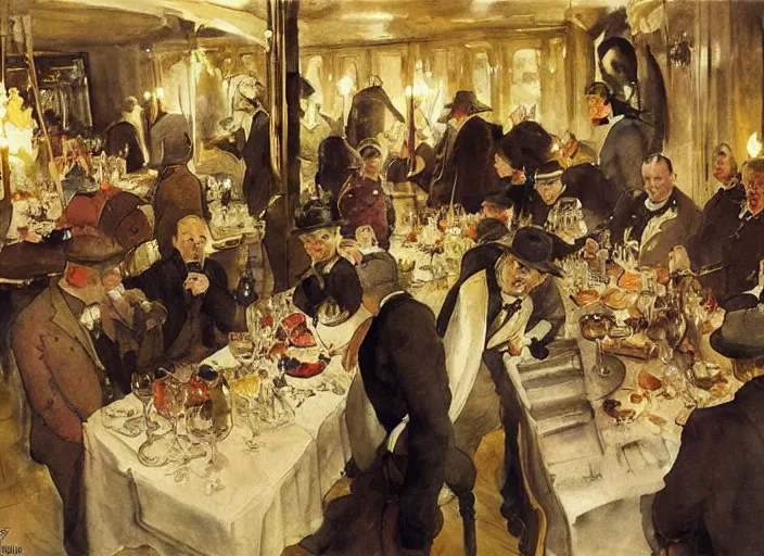 Prompt: gentlemens dinner, singing, roaring twenties, cellar, masterpiece, torches on wall, meat, wine, schnapps, watercolor by anders zorn and carl larsson, art nouveau