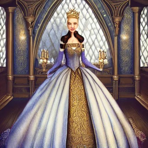 Image similar to Princess at a royal banquet, elegant dress, intricate, matte, digital painting, 8K, warm lighting, large staircase, royalty, high detail, medieval-fantasy, concept art, realistic, cinematic