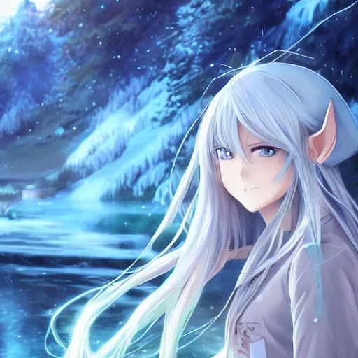 Image similar to a very beautiful anime elf girl, full body, long straight silver hair, sky blue eyes, full round face, short smile, casual clothes, ice snowy lake setting, cinematic lightning, medium shot, mid-shot, highly detailed, trending on Artstation, Unreal Engine 4k, cinematic wallpaper by Stanley Artgerm Lau, WLOP, Rossdraws, James Jean, Andrei Riabovitchev, Marc Simonetti, and Sakimichan