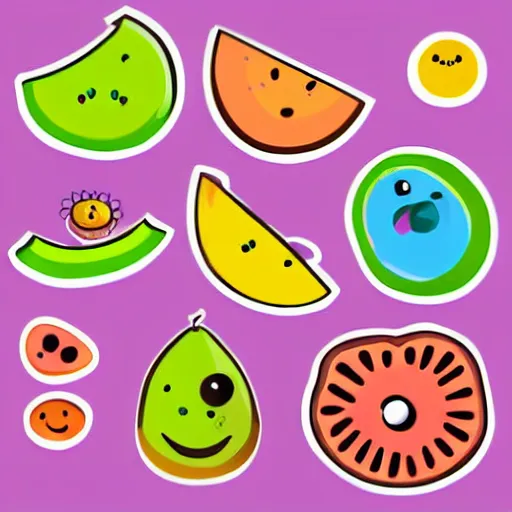 Image similar to a set of kawaii fruits isolated on white background, stylized, cartoon, cute, vector graphics, trending on pinterest, featured on artsation, high quality,