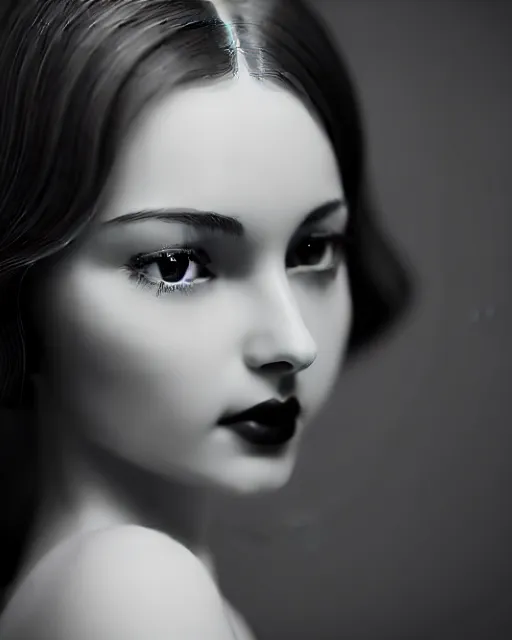 Image similar to black and white dreamy young beautiful female artificial intelligence, cinematic, rim light, photo - realistic, elegant, high detail, 8 k, masterpiece, photo taken in 1 9 3 0
