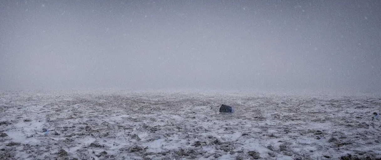 Image similar to a high quality color extreme closeup depth of field creepy hd 4 k film 3 5 mm photograph of very heavy snow storm blizzard in desolate antarctica, the faint barely visible silhouette of a bulky man is inside the blizzard