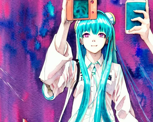 Image similar to a high detail watercolor of Hatsune Miku taking a selfie by Yukito Kishiro and katsuhiro otomo, illustration, hyper-detailed, colorful, complex, intricate, masterpiece, epic