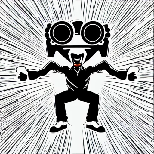 Image similar to svg vector sticker of absolutely insane-mad-robotic-hero-villain, rocking out, wearing headphones, huge speakers, dancing, rave, DJ, spinning records, digital art, amazing composition, rule-of-thirds, award-winning, trending on artstation, featured on deviantart