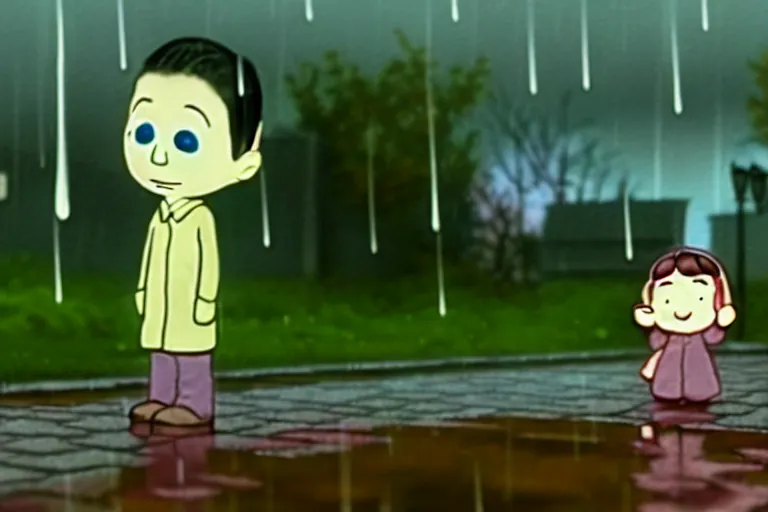 Image similar to A sad scene in the rain, glitchcore, morel orel screencap