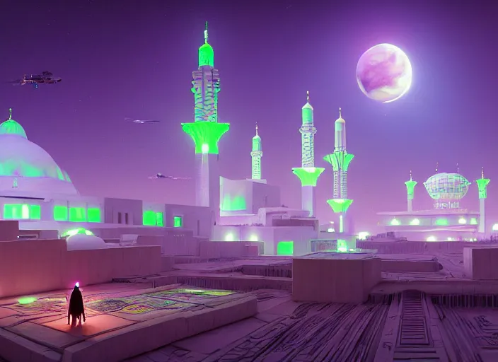 Image similar to a luminescent cyberpunk mosque in arabia by paolo eleuteri serpieri and tomer hanuka and chesley bonestell and daniel merriam and tomokazu matsuyama, unreal engine, high resolution render, featured on artstation, octane, 8 k, highly intricate details, vivid colors, vector illustration