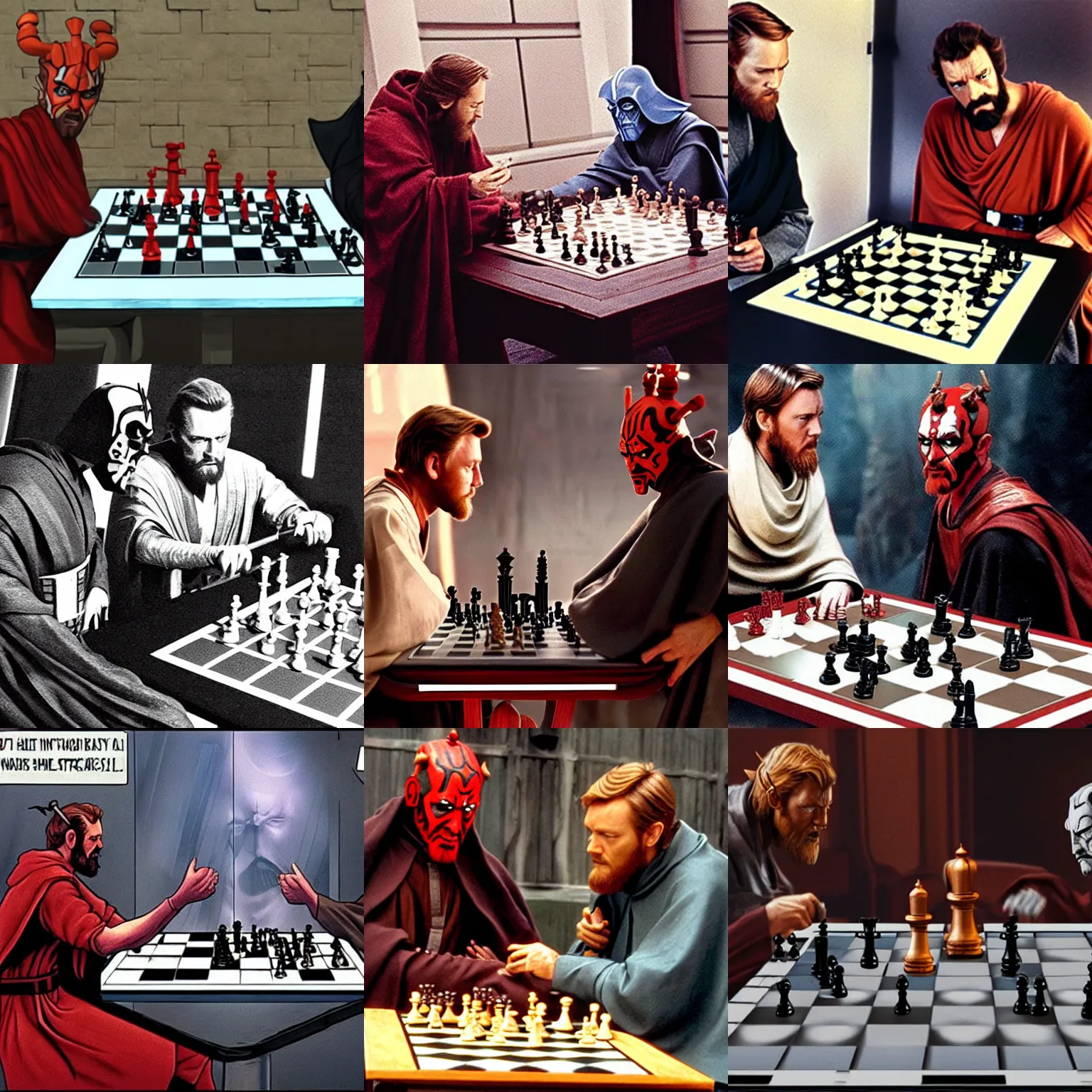 Prompt: obi - wan kenobi and darth maul playing chess