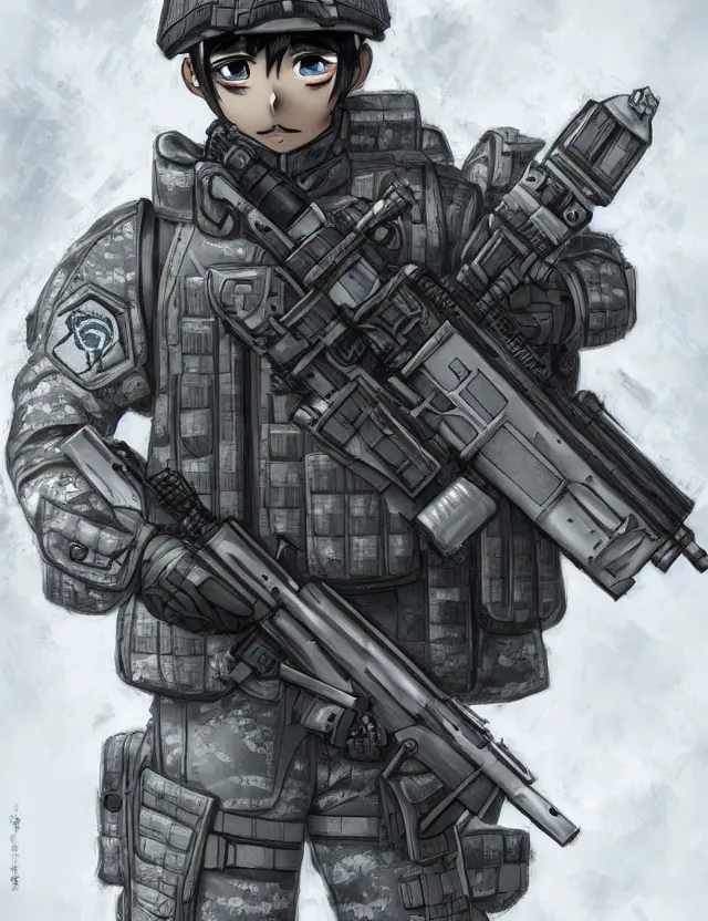 Prompt: a detailed manga portrait of a soldier wearing crystal tactical gear and armed with a silver assault rifle, trending on artstation, digital art, 4 k resolution, detailed, high quality, sharp focus, hq artwork, coherent, insane detail, character portrait