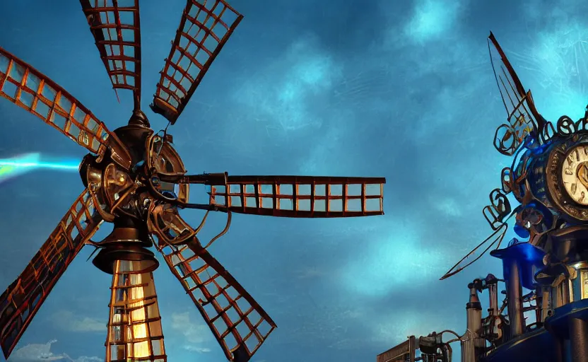 Image similar to a steampunk windmill, zoomed in, spinning fast, robot, blue fire, electricity lightning, concept art, sharp focus, intricate details, very high details, photorealistic, disney pixar, octane render, iridescent, anime, 8 k