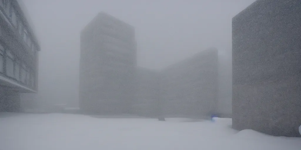 Image similar to snow falling on complex and beautiful brutalist buildings, depth of field, soft focus, clear focus, beautiful, award winning architecture, le corbusier, frank lloyd wright, snow, fog, mist, hopeful, quiet, calm, serene