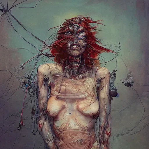 Image similar to the last wanderer of earth, post - apocalyptic wasteland, wires cybernetic implants, in the style of adrian ghenie, esao andrews, jenny saville, surrealism, dark art by james jean, takato yamamoto
