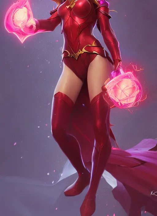 Image similar to scarlet witch in league of legends, au naturel, hyper detailed, digital art, trending in artstation, cinematic lighting, studio quality, smooth render, unreal engine 5 rendered, octane rendered, art style by klimt and nixeu and ian sprigger and wlop and krenz cushart.