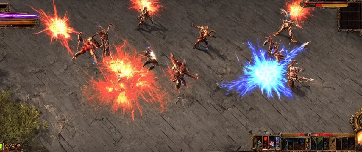 Image similar to path of exile, maven fight, resurrect in town