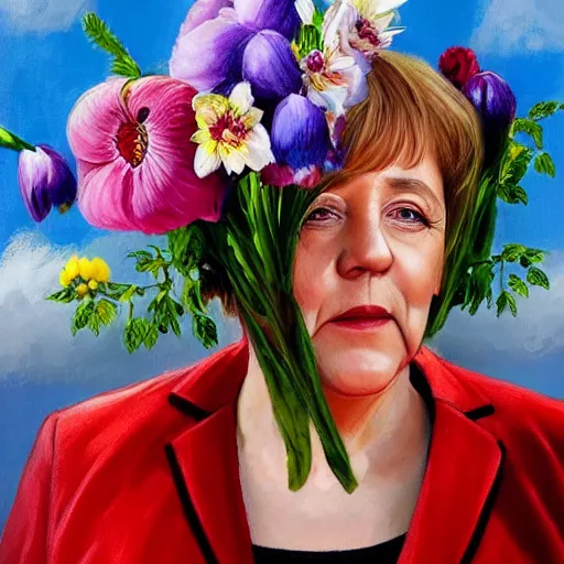 Image similar to a portrait of Angela Merkel with flowers grow out of hair, roses peonies forget-me-nots dahlias lupins gladioli, sky theme in background, by Alexandr Averin, Digital Art, Trending on artstation