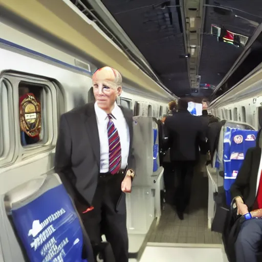 Image similar to cybernetic joe biden riding Amtrak