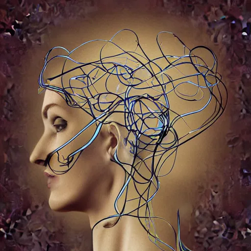 Prompt: a person with thought tendrils emanating from their head, digital art, lost in thought