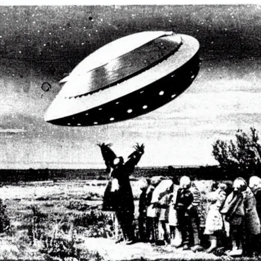 Prompt: old photograph of an alien spaceship landing, aliens getting out and greeting humans