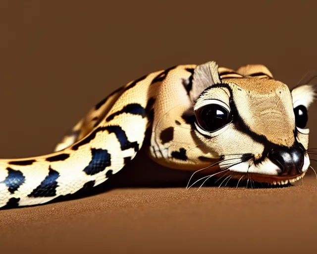 Image similar to an award winning photo of a serval - headed ball python, legless!!!!!!!!!, environmental portrait photography, national geographic, 4 k, sharp focus