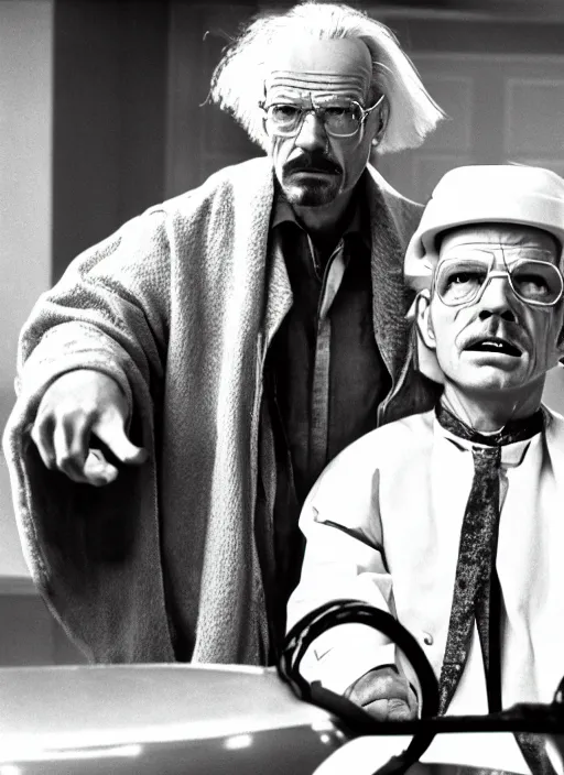 Image similar to film still of Walter White as Doc Brown in Back To The Future, 4k