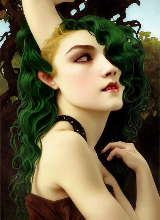 Prompt: young vampire girl, goddess of green velvety malachite and obsidian diamonds and black roses with long curly, golden hair, perfectly proportioned face, brown eyes, sweet smile, strong jawline, natural lighting, path traced, highly detailed, high quality, cartoon, digital painting, by new haicheng and riccardo federici and alphonse mucha