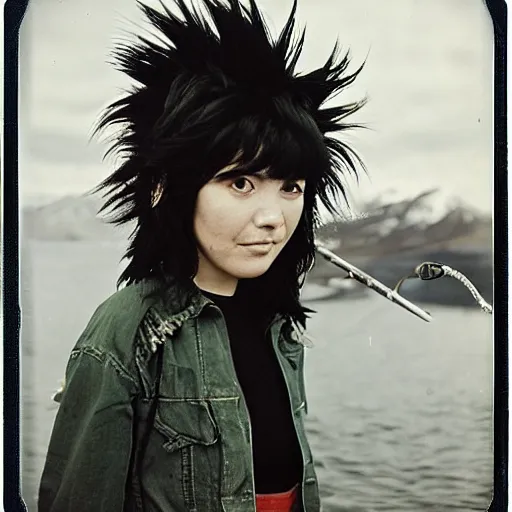 Prompt: black - haired girl with wild spiky black saiyan hair with long bangs over her eyes, hair bangs down to nose, goth hair, muscular, wearing casual clothing, standing on an alaskan fishing vessel, mekoryuk, alaska, 1 9 6 5, polaroid, kodachrome, grainy photograph