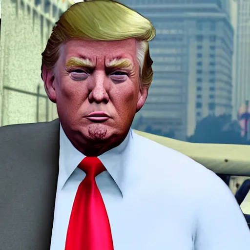 Image similar to gta v closeup Donald Trump holding cigar in his teeth, wearing badly stained white singlet