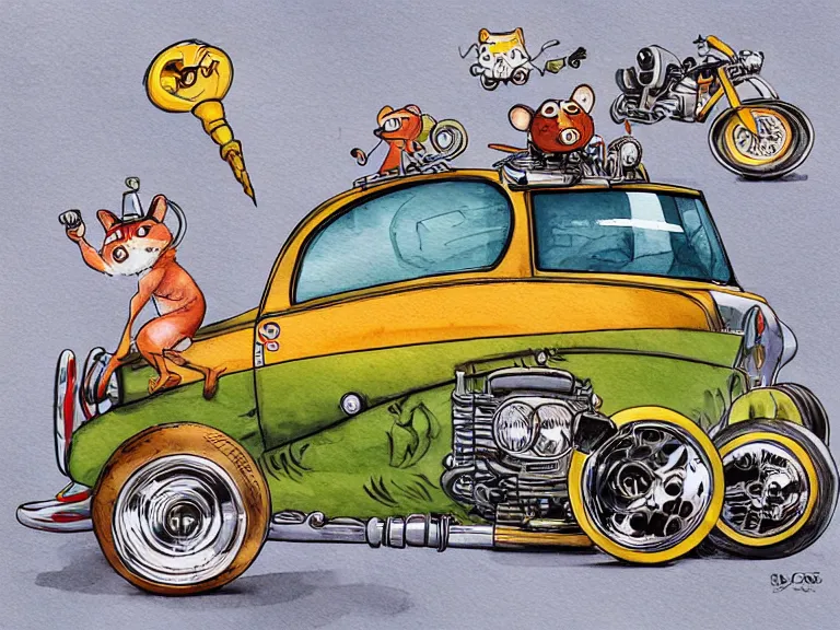 Image similar to cute and funny, racoon riding in a tiny hot rod coupe with oversized engine, ratfink style by ed roth, centered award winning watercolor pen illustration, isometric illustration by chihiro iwasaki, edited by range murata