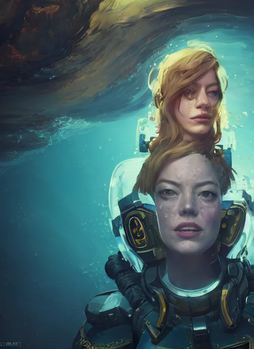 Image similar to underwater portrait of emma stone as a space marine, hyper detailed, digital art, cinematic lighting, studio quality, smooth render, unreal engine 5, octane rendered, art style by klimt and nixeu and ian sprigger and wlop and krenz cushart.