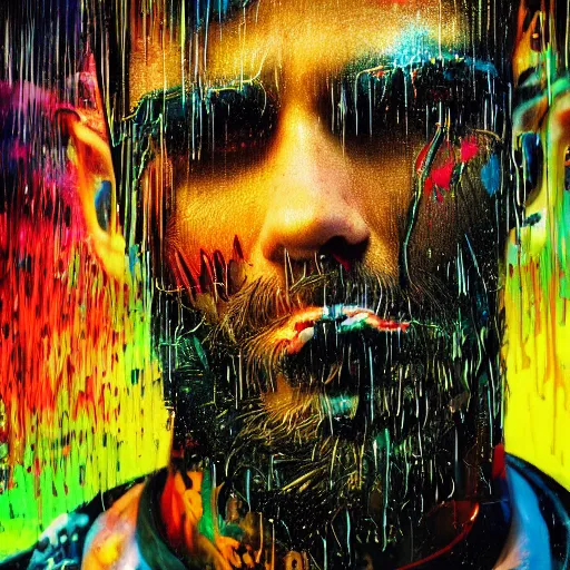 Prompt: splashes of neon clouds, mowhawk, suspenders, punk portrait made out of paint with rain in the background, trending on artstation, epic composition, emotional, beautiful, rendered in octane, highly detailed, realistic, comic book art, sharp focus, matte painting, unreal engine