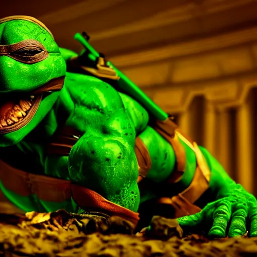 Image similar to teenage mutant ninja turtle, epic action movie still, hyper realistic award winning creature photography, epic volumetric lighting, glowing border of green radioactive Ooze dripping around frame, detailed face, golden ratio