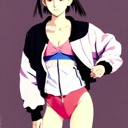 Image similar to a beautiful japanese natalie portman gravure model, wearing oversized native designer bomber jacket and leotard, bulky poofy bomber jacket with mesoamerican patterns, mesoamerican native street fashion, gapmoe yandere grimdark, trending on pixiv fanbox, painted by greg rutkowski makoto shinkai takashi takeuchi studio ghibli, akihiko yoshida