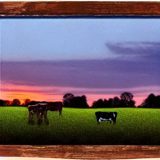 Prompt: rural landscape with fields and cows, Sunset, tilt shift