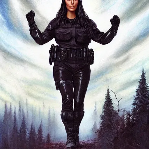 Prompt: kim kardashian as a cop, police uniform, full body view, full pov, haunted forest with ufo sitting in the distant fog, pretty, aesthetic, dust molecules, matte detailed photo, DeviantArt, Artstation, by donato giancola, ralph horley, loish, cinematic lighting