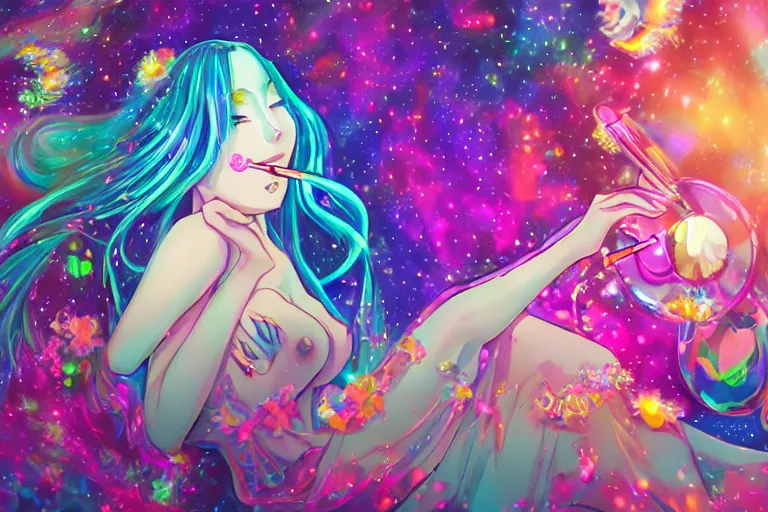 Prompt: psychedelic, whimsical, anime, 4k, beautiful lusty woman smoking a bong, with professional makeup, long trippy hair, a crystal and flower dress, sitting on a reflective pool, surrounded by gems, underneath the stars, rainbow fireflies, trending on patreon, deviantart, twitter, artstation, volumetric lighting, heavy contrast, art style of Ross Tran and Miho Hirano and Ilya Kuvshinov