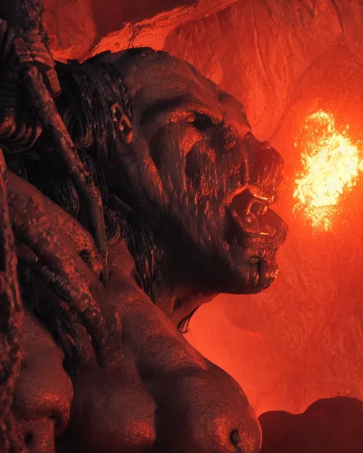 Prompt: closeup Photo of Conan the Barbarian in a lava dungeon, rim lighting, octane, Natasha Tan, Maciej Kuciara, Edgar Rice Burroughs,