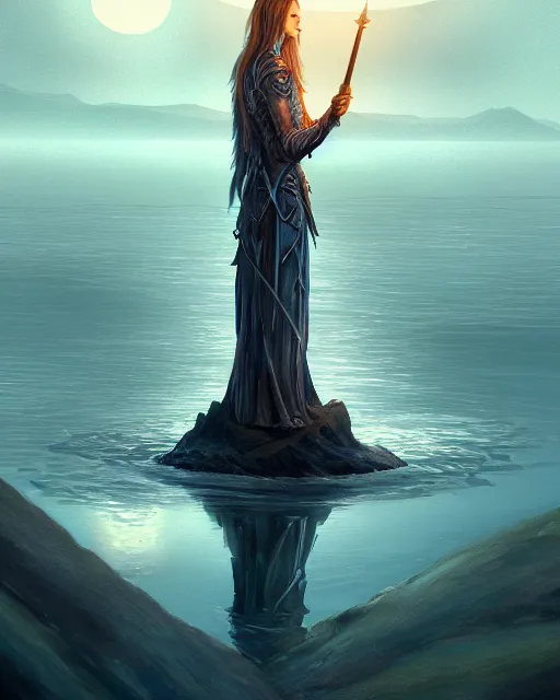 Image similar to legendary excalibur rising from the middle of a lake under a giant full moon, rippling reflections, lady of the lake, western, D&D, fantasy, intricate, elegant, highly detailed, digital painting, artstation, concept art, matte, sharp focus, illustration, masterpiece, stunning, artstation