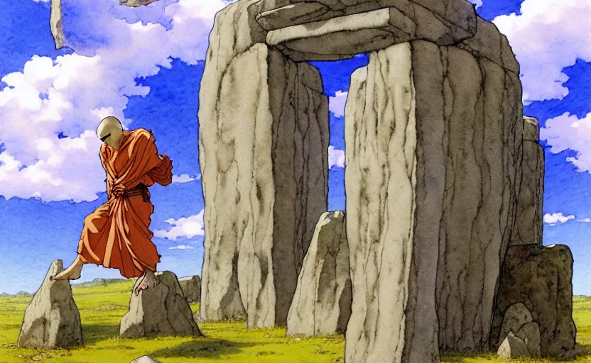 Prompt: a realistic anime watercolor fantasy concept art of a giant monk with a big forehead in grey robes dancing in stonehenge. several immense stones are floating in the air. by rebecca guay, michael kaluta, charles vess