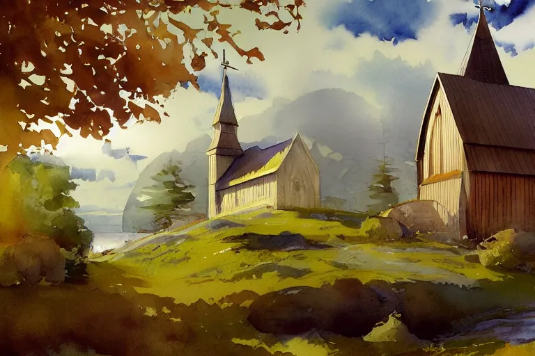 Prompt: small centered on watercolor paper, paint brush strokes, abstract watercolor painting of traditional scandinavian wooden church, medieval chapel at dawn, cinematic light, national romanticism by hans dahl, by jesper ejsing, by anders zorn, by greg rutkowski, by greg manchess, by tyler edlin