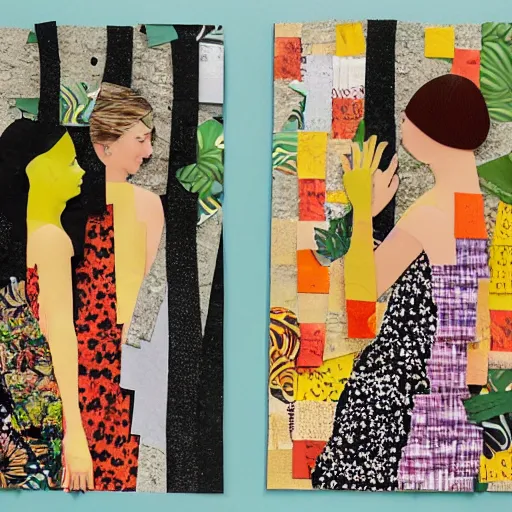 Image similar to paper collage art made of cut up magazines depicting two women holding hands in a jungle