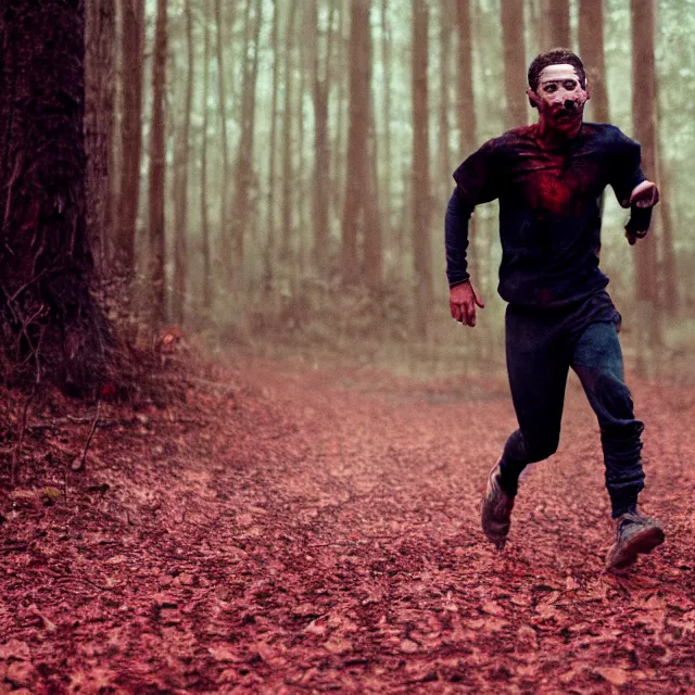 Image similar to photo of shia labeouf sprinting through the woods with dark red liquid all over his face, dramatic, cinematic, cinestill 8 0 0 t, motion blur