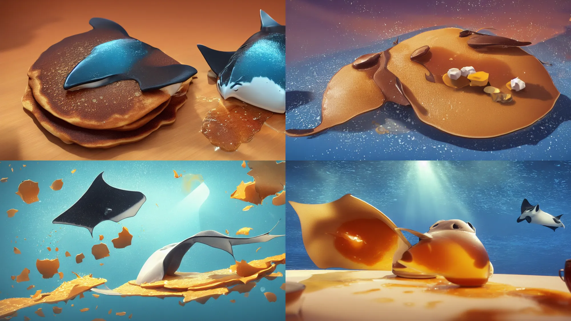 Prompt: a pancake manta ray swimming in maple syrup, cute, 4 k, 8 k, maple syrup fluid, fantasy food world, living food adorable pancake, golden brown atmospheric ray traced lighting, detailed award - winning beautiful lighting composition 3 d octane render, by chris moore, studio ghibli