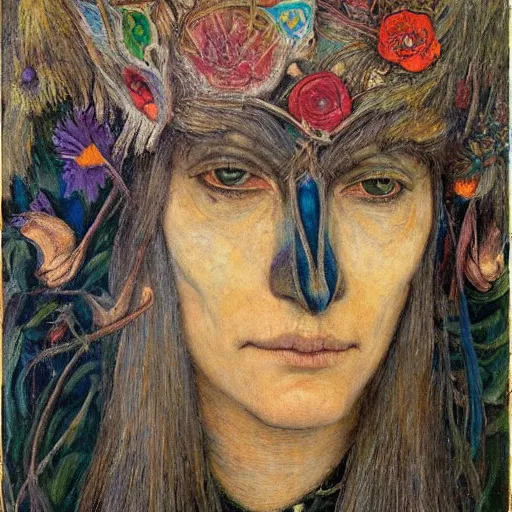 Image similar to masterpiece painting of a dark flower shaman, by annie swynnerton and jean delville and diego rivera, facemask made of flowers, art brut, outsider art, symbolist, dramatic lighting, god rays, elaborate geometric ornament, clean crisp graphics, smooth sharp focus, extremely detailed, adolf wolfli